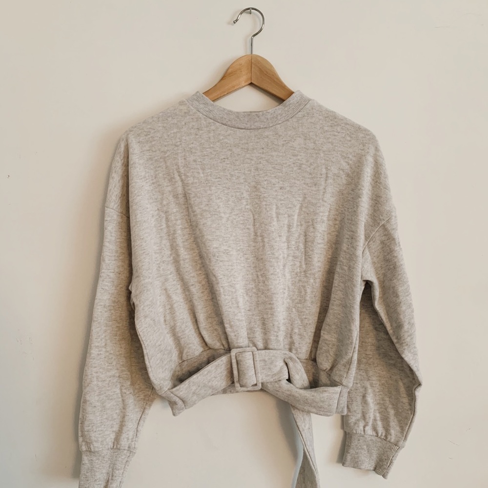 Belted grey sweater